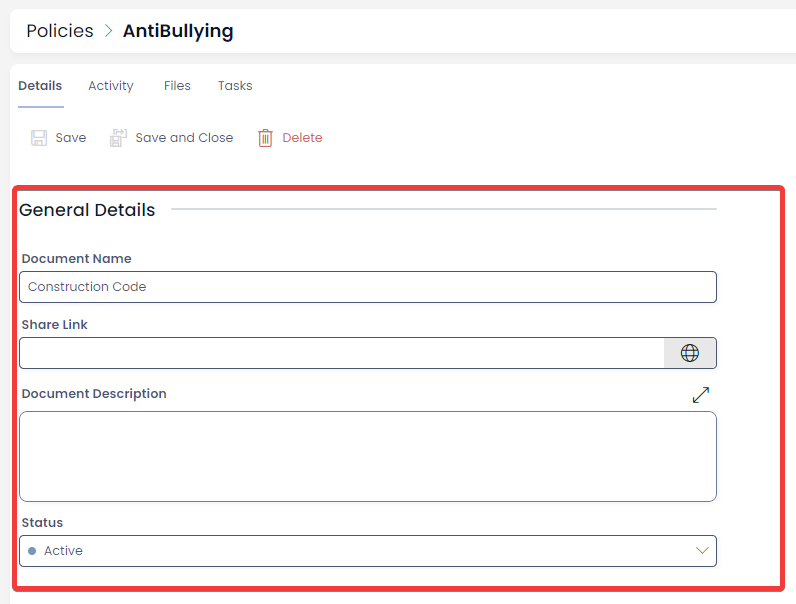 A screenshot of the &quot;Antibullying&quot; page and its fields. The fields are: Document Name, Share Link, Document Description, and Status. The fields are annotated with a red box around them to draw the reader&#39;s attention.